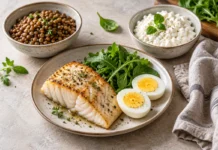 Продукты с белком: список и таблица Рыба, яйца, чечевица и творог на светлом кухонном столе