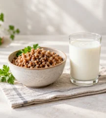 Миска гречневой каши и стакан кефира