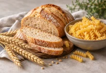 В каких продуктах содержится глютен Хлеб, сухие макароны и пшеничные колосья на столе