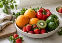 15 здоровых продуктов с высоким содержанием витамина С Апельсины, киви, клубника и сладкий перец на светлом столе