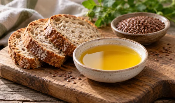 Ломтики хлеба рядом с небольшой миской масла