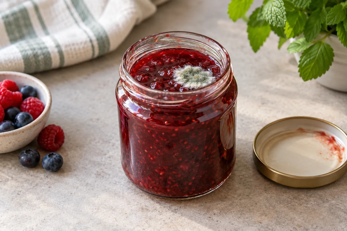 1095-mould-on-jam-food-safety-cover Открытая банка варенья с небольшим пятном плесени на поверхности