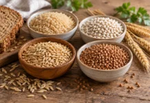 Цельнозерновые продукты в рационе Разные крупы и цельные зёрна в небольших мисках