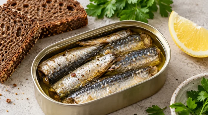 Открытая банка сардин рядом с лимоном и хлебом