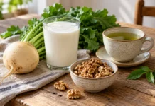 Привычные продукты и снижение веса Кефир, грецкие орехи, репа и зелёный чай на столе