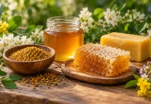 Апитерапия: продукты пчеловодства и их изучение Мёд, соты, пчелиная пыльца и воск на деревянном столе