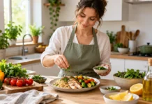 Питание для снижения веса: продукты и меню Женщина готовит овощной обед на домашней кухне